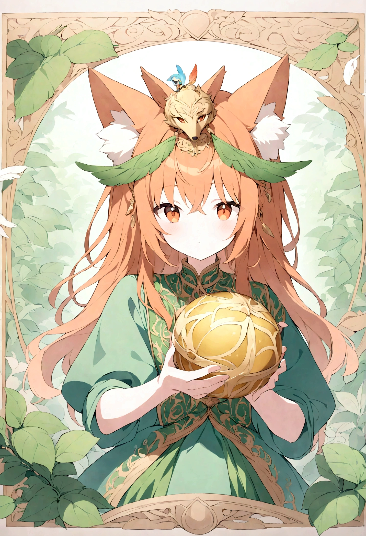 The photo depicts a figure with bright orange hair and large, expressive amber eyes. The character has two fox-like ears on his head, colored white and blue. They wear a green outfit with golden borders and intricate green patterns, giving the impression of clothing from a historical or mythological period. In their hands, they are holding a blue and ornate gold spherical object, which can be interpreted as a magical item due to its design and the way the character focuses on it. Green leaves or feathers gently fall around them, adding to the dreamy atmosphere of the photo. This picture is interesting because it combines precious elements of the mythical world with detailed character designs, plotting a story or setting that invites the viewer into an imaginary world.