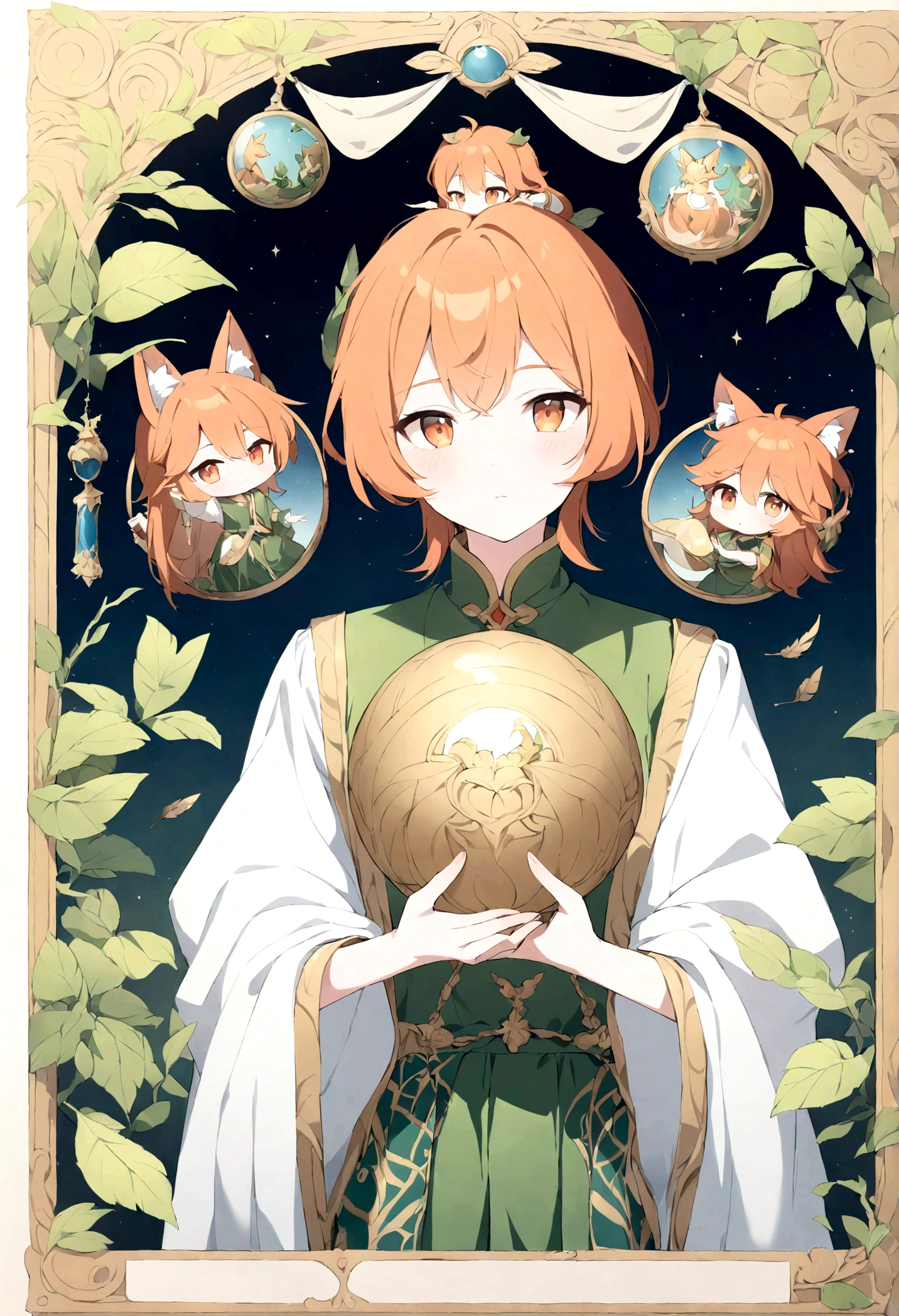 The photo depicts a figure with bright orange hair and large, expressive amber eyes. The character has two fox-like ears on his head, colored white and blue. They wear a green outfit with golden borders and intricate green patterns, giving the impression of clothing from a historical or mythological period. In their hands, they are holding a blue and ornate gold spherical object, which can be interpreted as a magical item due to its design and the way the character focuses on it. Green leaves or feathers gently fall around them, adding to the dreamy atmosphere of the photo. This picture is interesting because it combines precious elements of the mythical world with detailed character designs, plotting a story or setting that invites the viewer into an imaginary world.
