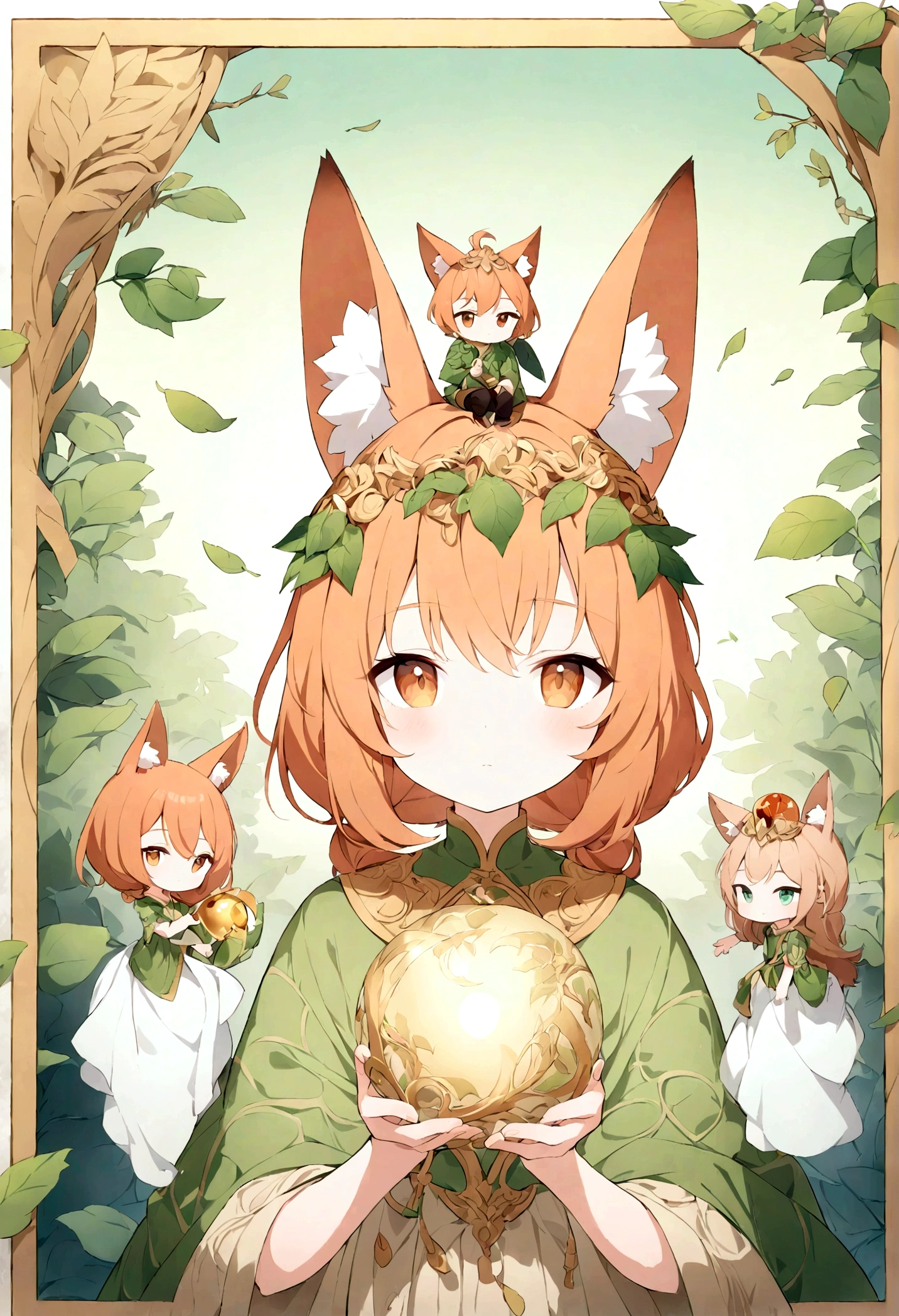 The photo depicts a figure with bright orange hair and large, expressive amber eyes. The character has two fox-like ears on his head, colored white and blue. They wear a green outfit with golden borders and intricate green patterns, giving the impression of clothing from a historical or mythological period. In their hands, they are holding a blue and ornate gold spherical object, which can be interpreted as a magical item due to its design and the way the character focuses on it. Green leaves or feathers gently fall around them, adding to the dreamy atmosphere of the photo. This picture is interesting because it combines precious elements of the mythical world with detailed character designs, plotting a story or setting that invites the viewer into an imaginary world.