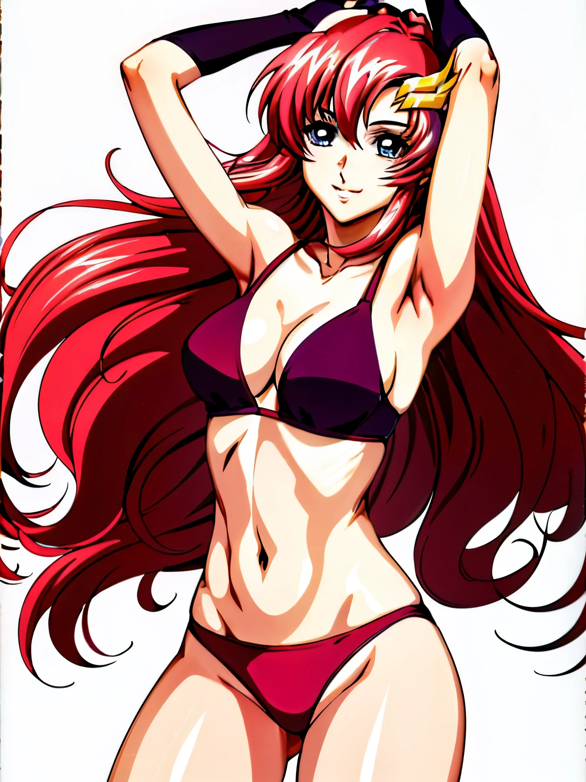 lacus4, (red bikini, running, thong, tall girl, masterpiece, cowboy shot, very slim shoulders, 4K, Best Quality, Anime style: 1.9, happy, Adult Woman, (ultra detailed head), (Drawing lines, high resolution, lacus4), 1girl, Solo, Long hair, clavicle, scapular, (Detailed wide hair bangs, Hair Ornament, Detailed reddish-pink hair, shiny streaks, slim arms, detailed golden crest), cleavage, arms up, large hands, (Big blue eyes, shiny eyes), ((female wrestler, (slim body), slim arms, thighs)), ((perfect proportions, medium-small breasts, long belly)), ((totally red bikini)), smile, (standing, hot colors, closed fists), detailed fingers, (bare shoulders), (background: simple white background only)