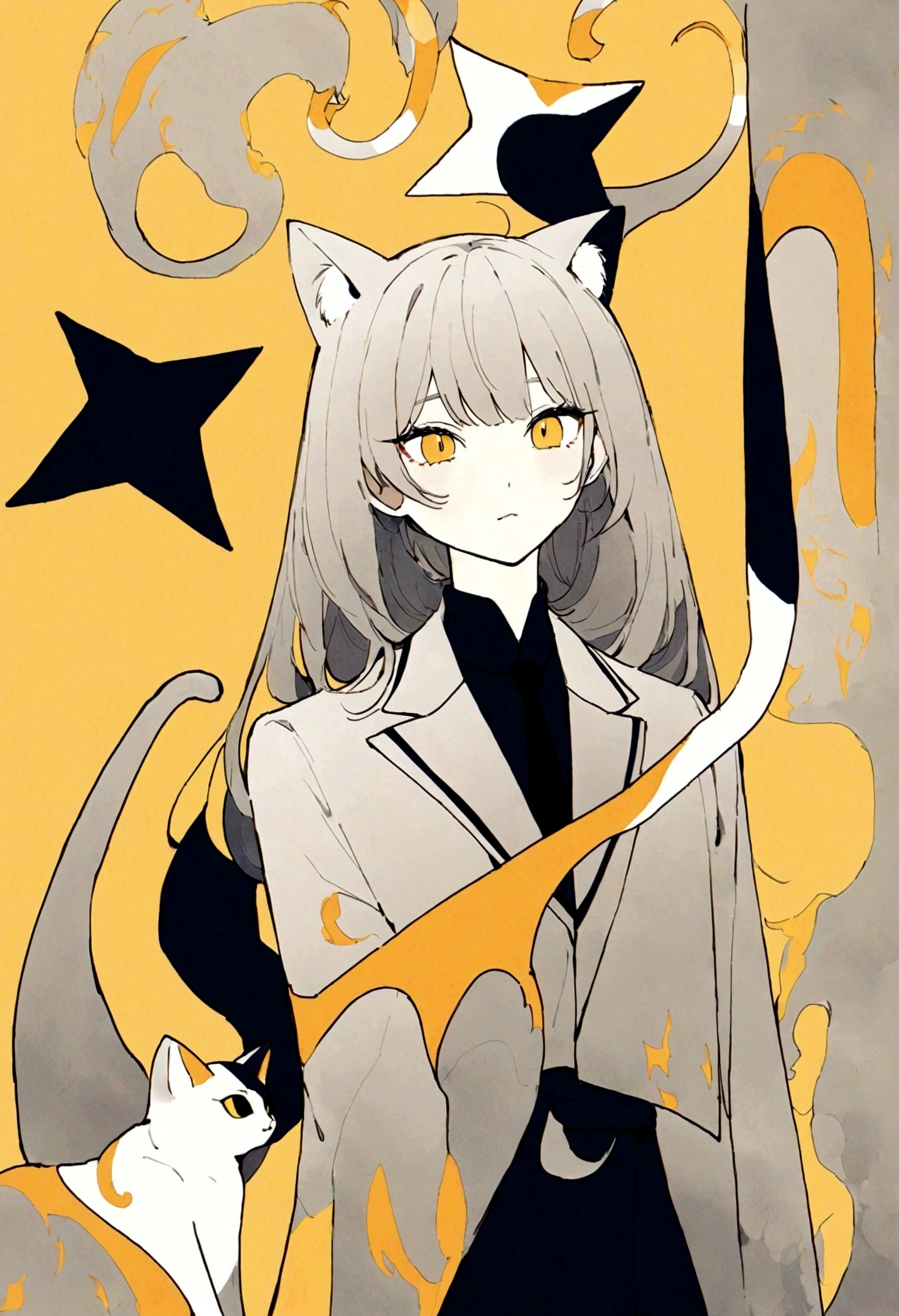 Cats in art, Tuxedo Cat, Care for small eyes、Laziness、Main color is black, Cyan secondary color, Golden Yellow Background, artistic, Sophisticated, Warm style, Shapes include abstract cat, Playful form, An elegant piece, Textures include fur textures, Smooth painting, Fabric texture, The lines contain elegant lines, Natural Curves, Delicate silhouette, The shape is elegant, Accessible, Expressive, beautiful.