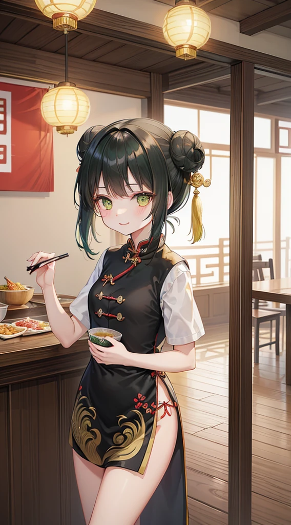 (top-quality), (masterpiece)、(ultla detailed)、(a beauty girl:1.3)、Lori、cute little、Black cheongsam、slit、(Bun hair)、A dark-haired、The edges are green、(yellow-green eyes)、A smile、(18year old:1.3)、Medium chest、(Longhaire)、(Short sleeves)、(Daytime:1.2)、Maxi length、Luxurious embroidery、(Standing)、red hair tie、(Chinese Restaurant)、I'm trying to eat ramen noodles、Kung Fu Bottom、From the front、Cowboy Shot、Indoor、Slender feet、