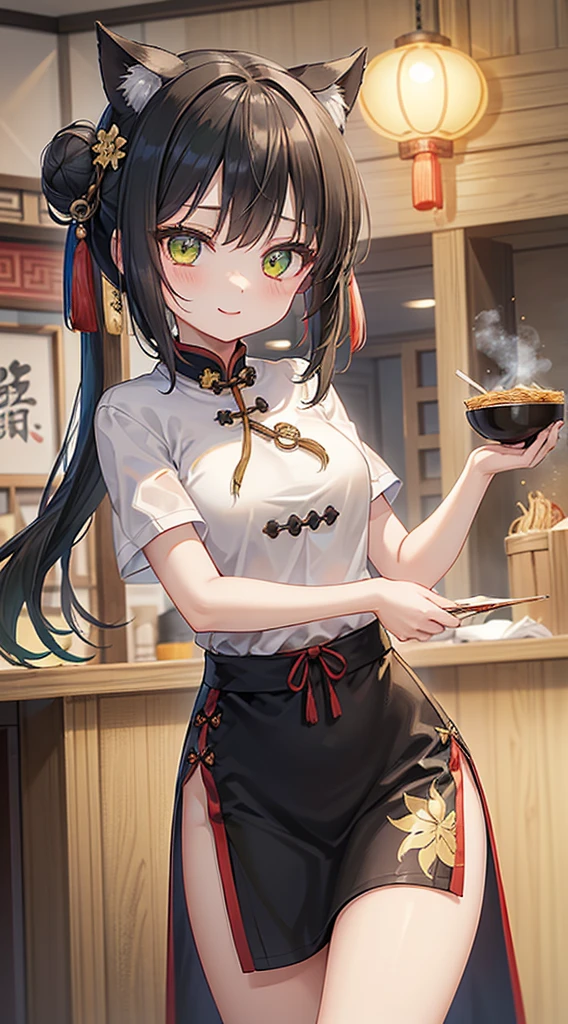 (top-quality), (masterpiece)、(ultla detailed)、(a beauty girl:1.3)、Lori、cute little、Black cheongsam、slit、(Bun hair)、A dark-haired、The edges are green、(yellow-green eyes)、A smile、(18year old:1.3)、Medium chest、(Longhaire)、(Short sleeves)、(Daytime:1.2)、Maxi length、Luxurious embroidery、(Standing)、red hair tie、(Chinese Restaurant)、I'm trying to eat ramen noodles、Kung Fu Bottom、From the front、Cowboy Shot、Indoor、Slender feet、