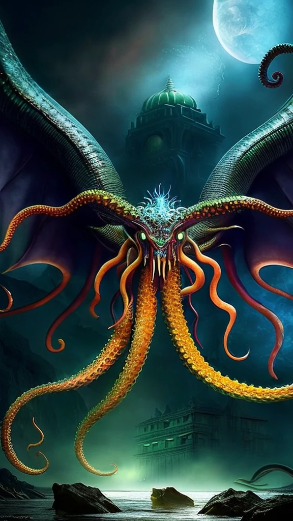 a nightmarish ancient godlike creature, a giant winged and tentacled horror, H.P. Lovecraft's Cthulhu, dark fantasy, eldritch, cosmic horror, otherworldly, ethereal lighting, deep sea, underwater scene, glowing eyes, otherworldly architecture, tentacles, (best quality,8k,highres,masterpiece:1.2),ultra-detailed,(realistic,photorealistic,photo-realistic:1.37),dark moody colors,cinematic lighting,dramatic angles,intricate details