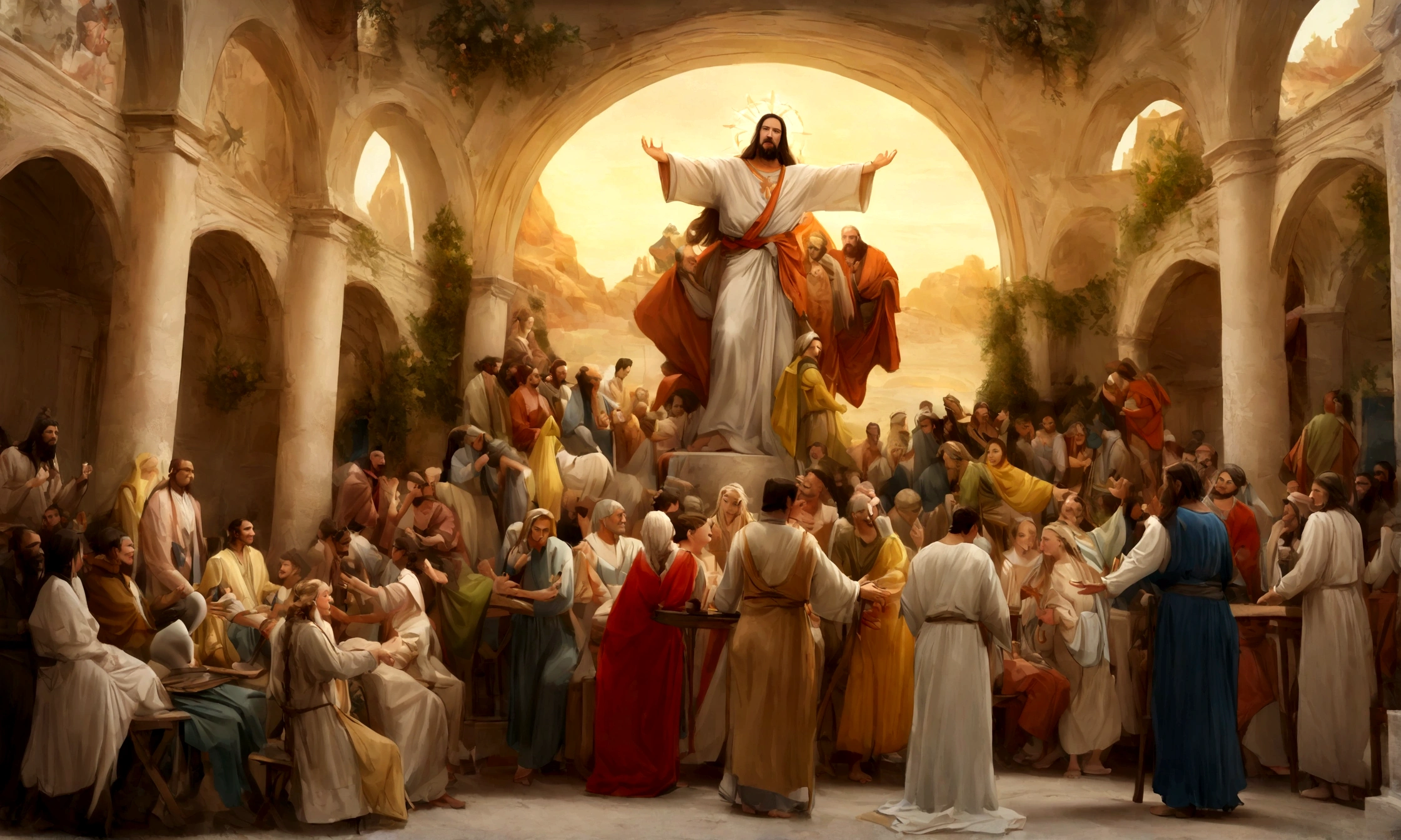 Jesus Christ in the Sermon on the Mount, (melhor qualidade, 8K, high resolution, Obra de arte:1.2), ultra-detalhado, realista:1.37, biblical scene, oil painting, atmosfera serena, golden sunset, grandeza e divindade, gracioso e gentil, several people listening attentively, Jesus no centro, iconic long hair and beard, olhos compassivos, voz suave, luz radiante brilhando dele, cores quentes e vibrantes, flowing robes, humilde e acolhedor, encosta verdejante, flores desabrochando, detalhes delicados da natureza, birds singing in the background, ambiente tranquilo e harmonioso, pinceladas sutis, spiritual enlightenment, divine presence.