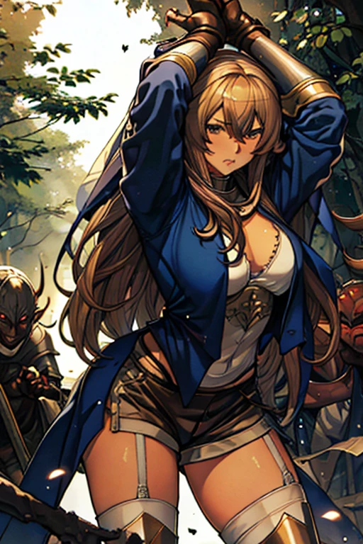 A female knight, (in forest), wearing armored clothes, metal armor, night, details face, , shorts, surrounded by goblins, various weapons, dirty, bdsm, tied wrist, hands up
