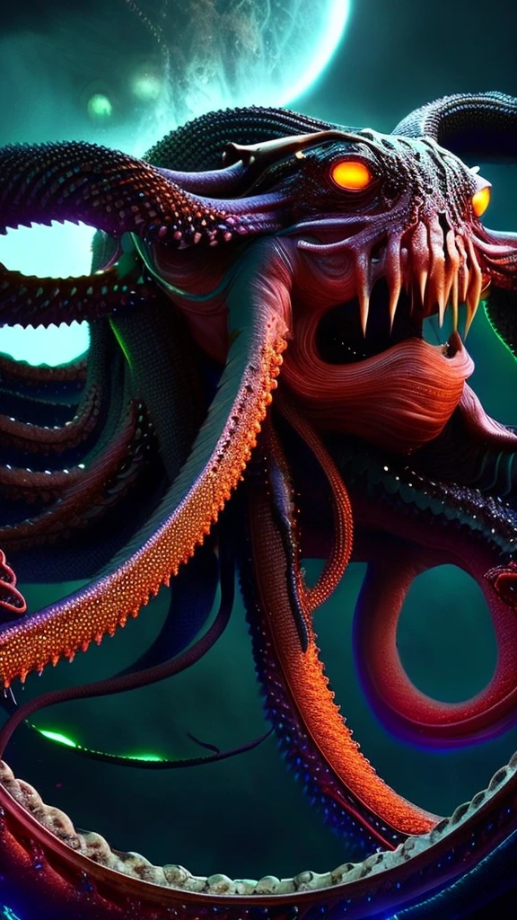 A massive, eldritch creature with tentacles, glowing eyes, and a gaping maw, H.P. Lovecraft's Cthulhu, detailed and hyper-realistic, dark and foreboding atmosphere, cosmic horror, ominous and unsettling, 8k, intricate details, cinematic lighting, moody color palette, dramatic composition, (best quality, 4k, 8k, highres, masterpiece:1.2), ultra-detailed, (realistic, photorealistic, photo-realistic:1.37), dark fantasy, chiaroscuro lighting, dramatic shadows, ominous and foreboding, otherworldly and alien, visceral and unsettling, tentacles, glowing eyes, vast and imposing scale, detailed textures, cinematic framing, dramatic angles