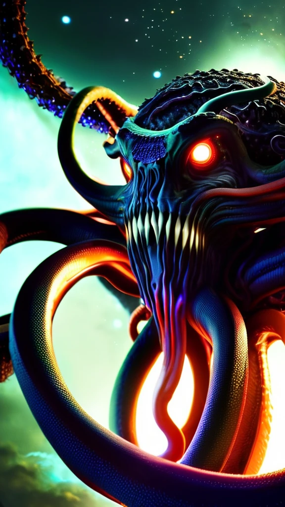 A massive, eldritch creature with tentacles, glowing eyes, and a gaping maw, H.P. Lovecraft's Cthulhu, detailed and hyper-realistic, dark and foreboding atmosphere, cosmic horror, ominous and unsettling, 8k, intricate details, cinematic lighting, moody color palette, dramatic composition, (best quality, 4k, 8k, highres, masterpiece:1.2), ultra-detailed, (realistic, photorealistic, photo-realistic:1.37), dark fantasy, chiaroscuro lighting, dramatic shadows, ominous and foreboding, otherworldly and alien, visceral and unsettling, tentacles, glowing eyes, vast and imposing scale, detailed textures, cinematic framing, dramatic angles