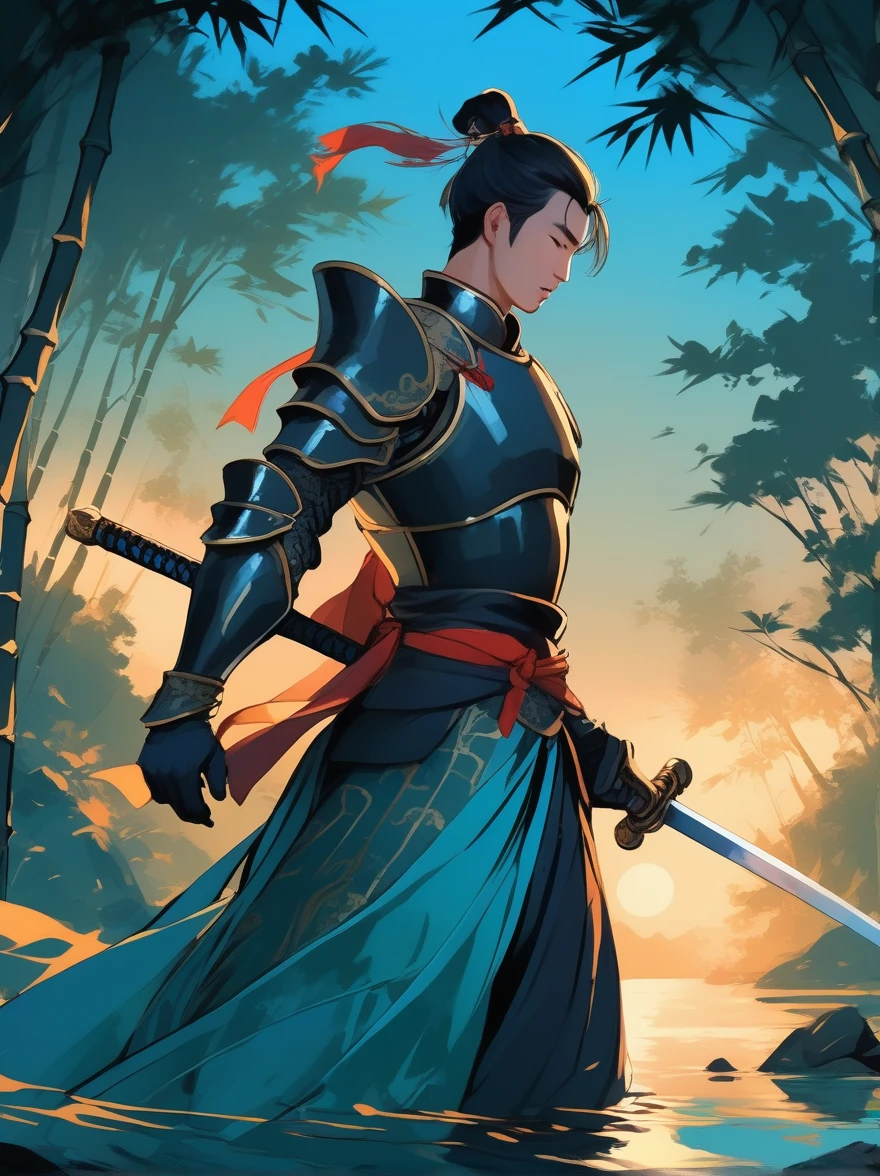 Ink Painting,Male knight on the water,Wearing intricate Chinese Tang Dynasty Mingguang armour,Bamboo forest behind,sword,landscape,Ultra-high resolution,Freehand Style,Majestic,Natural light,Night Focus