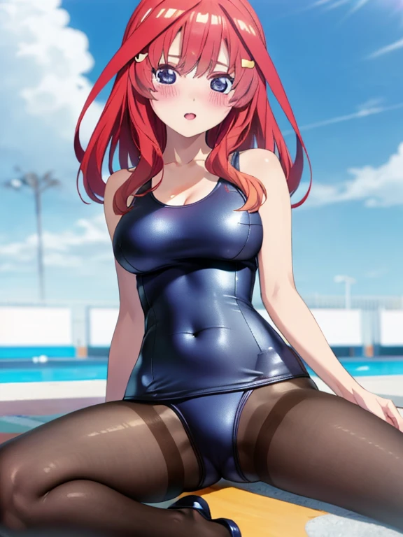 best quality, masterpiece, high quality, insanely detailed, ichika nakano, one-piece swimsuit, breasts, pantyhose, blush,