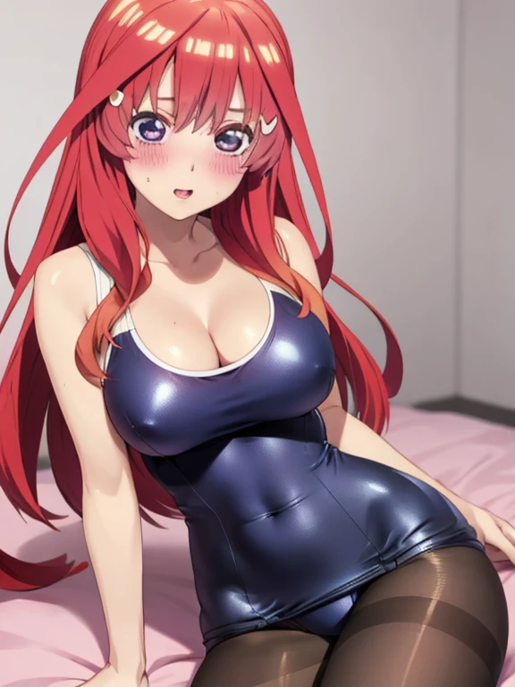 best quality, masterpiece, high quality, insanely detailed, ichika nakano, one-piece swimsuit, breasts, pantyhose, blush,