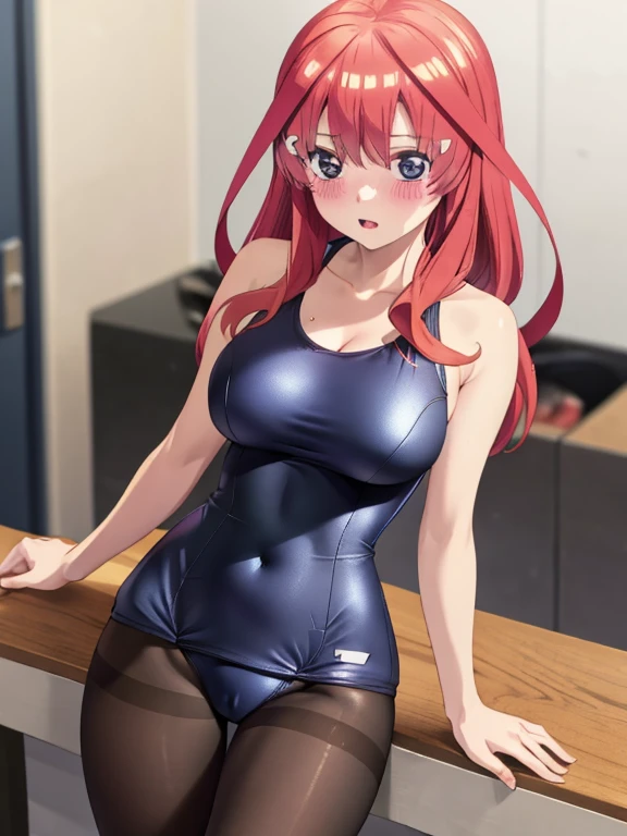 best quality, masterpiece, high quality, insanely detailed, ichika nakano, one-piece swimsuit, breasts, pantyhose, blush,