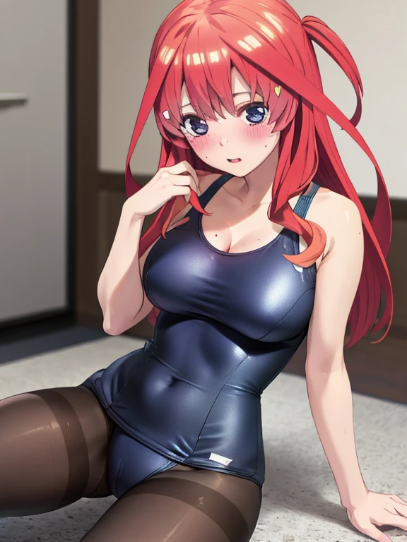 best quality, masterpiece, high quality, insanely detailed, ichika nakano, one-piece swimsuit, breasts, pantyhose, blush,