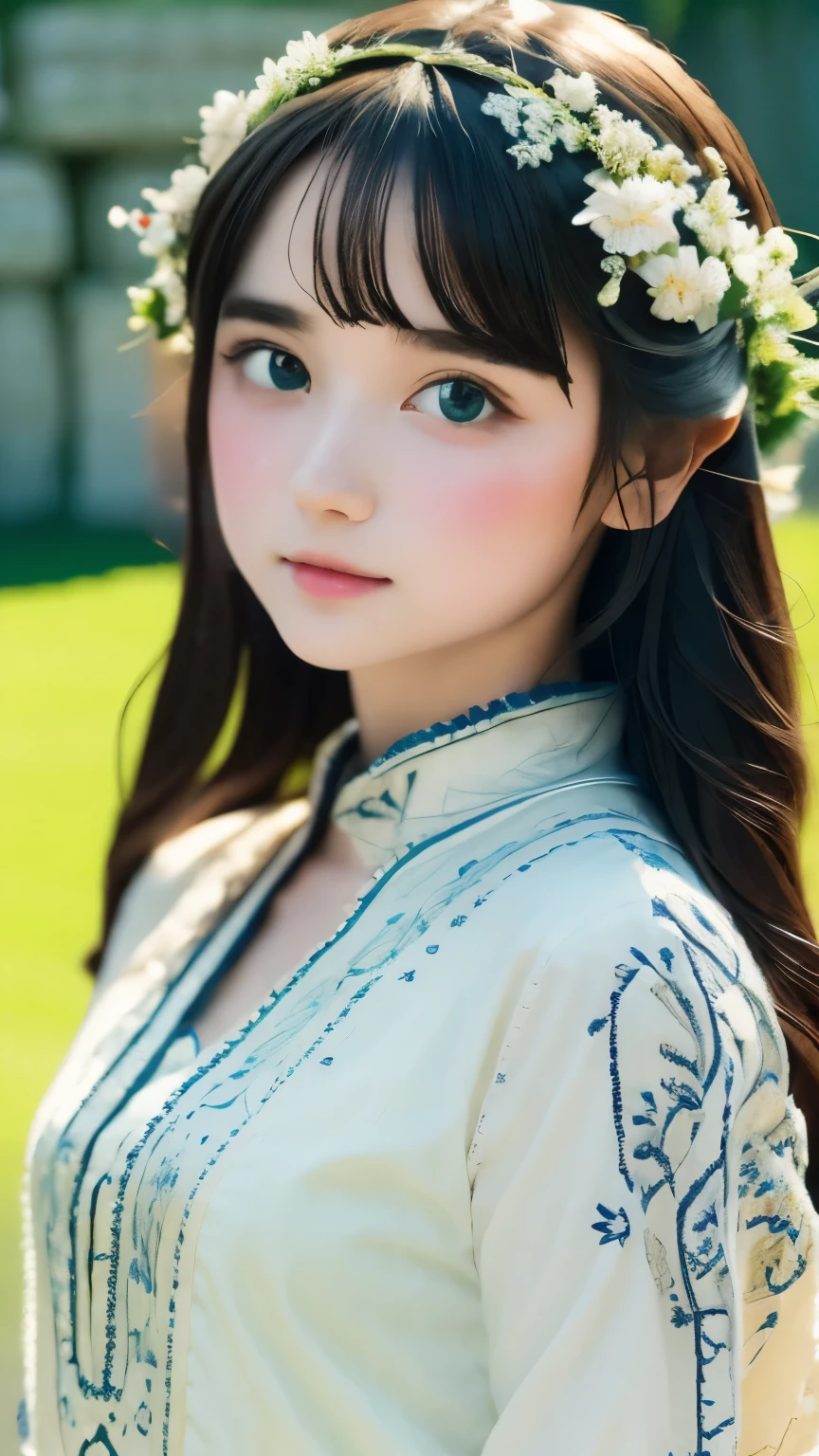 highest quality、masterpiece:1.5、dramatic lighting、high angle shot、RAW photo、Upper body、pale hair21talent、cute girl、small nose、plump lips、charming eyes、looking at the audience、cute、((intricate and detailed art:1.6))、Upper body、Clothes with elaborate embroidery、vivid details、very detailed肌、(bluish:0.6), (dirty:0.8), (Bloodstained:0.7), key lighting, (Backlight:0.5), (((outdoors、england stonehenge)))、The lawn is beautiful、blue sky、medium depth of field, Photographed with Canon 5D, 50mm lens, f/4 apertures, (very detailed, intricate details), sharp focus, calm colors, 8k, confused, 8mm film grain,