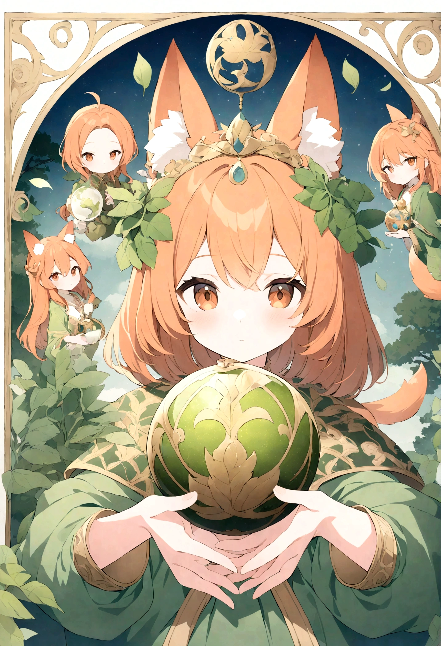 The photo depicts a figure with bright orange hair and large, expressive amber eyes. The character has two fox-like ears on his head, colored white and blue. They wear a green outfit with golden borders and intricate green patterns, giving the impression of clothing from a historical or mythological period. In their hands, they are holding a blue and ornate gold spherical object, which can be interpreted as a magical item due to its design and the way the character focuses on it. Green leaves or feathers gently fall around them, adding to the dreamy atmosphere of the photo. This picture is interesting because it combines precious elements of the mythical world with detailed character designs, plotting a story or setting that invites the viewer into an imaginary world.