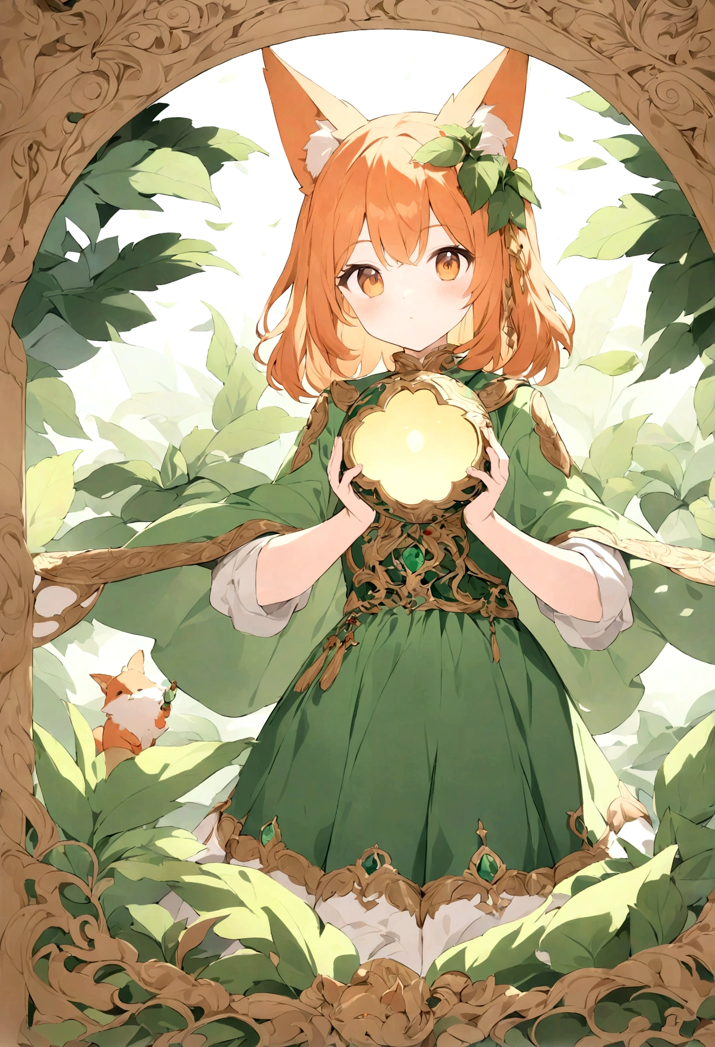 The photo depicts a figure with bright orange hair and large, expressive amber eyes. The character has two fox-like ears on his head, colored white and blue. They wear a green outfit with golden borders and intricate green patterns, giving the impression of clothing from a historical or mythological period. In their hands, they are holding a blue and ornate gold spherical object, which can be interpreted as a magical item due to its design and the way the character focuses on it. Green leaves or feathers gently fall around them, adding to the dreamy atmosphere of the photo. This picture is interesting because it combines precious elements of the mythical world with detailed character designs, plotting a story or setting that invites the viewer into an imaginary world.