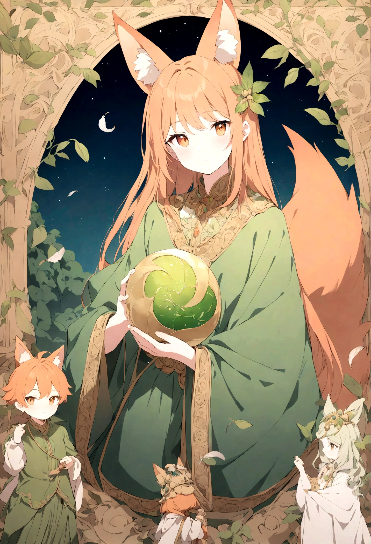 The photo depicts a figure with bright orange hair and large, expressive amber eyes. The character has two fox-like ears on his head, colored white and blue. They wear a green outfit with golden borders and intricate green patterns, giving the impression of clothing from a historical or mythological period. In their hands, they are holding a blue and ornate gold spherical object, which can be interpreted as a magical item due to its design and the way the character focuses on it. Green leaves or feathers gently fall around them, adding to the dreamy atmosphere of the photo. This picture is interesting because it combines precious elements of the mythical world with detailed character designs, plotting a story or setting that invites the viewer into an imaginary world.