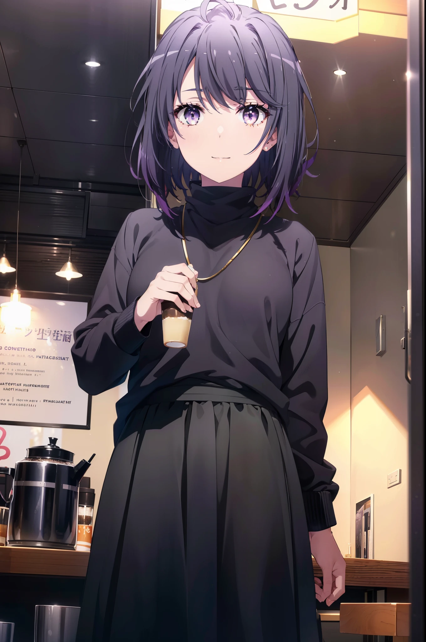 harunoyukinoshita, haruno yukinoshita, short hair, Hair between the eyes, (iris:1.5), Open your mouth wide,smile,Black Hair, Gradient Hair, Two-tone hair, Purple Hair, smile,Oversized sweater,Long skirt,short boots,whole bodyがイラストに入るように,     break indoors,coffee shop, break looking at viewer,whole body, break (masterpiece:1.2), highest quality, High resolution, unity 8k wallpaper, (shape:0.8), (Beautiful details:1.6), Highly detailed face, Perfect lighting, Extremely detailed CG, (Perfect hands, Perfect Anatomy),