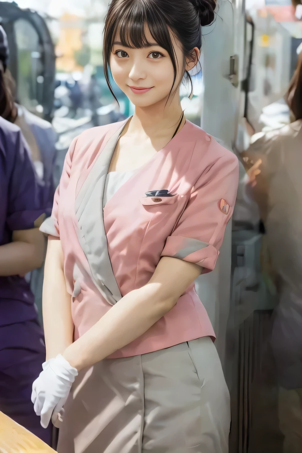 (masterpiece:1.2, highest quality:1.2), 32K HDR, High resolution, (alone、1 girl)、（On the rooftop of a building in the daytime、Professional Lighting）、Building rooftop background、（Nankai train crew uniform pinkを着たリアルスタイル）、（Nankai train crew uniform pink short sleeve collarless pink jacket、Nankai Train Crew Uniform Pink Collarless Short Sleeve Blouse、Nankai Train Crew Uniform Pink Grey Knee-length Culottes）、Dark brown hair、（Hair tied up、Hair Bun、Hair Bun）、Dark brown hair、Long Shot、Big Breasts、Thin legs、（（Great hands：2.0）），（（Harmonious body proportions：1.5）），（（Normal limbs：2.0）），（（Normal finger：2.0）），（（Delicate eyes：2.0）），（（Normal eyes：2.0））)、smile、（Nankai Train Crew Uniform Pink Grey Knee-length Culottesを見せた美しい歩く姿）、Place your hands around your stomach,Lanyard employee ID card