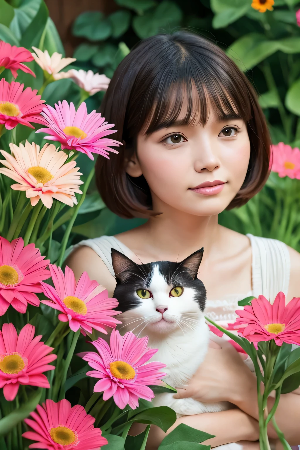Illustration of a cat surrounded by pink gerberas and a woman with bob hair