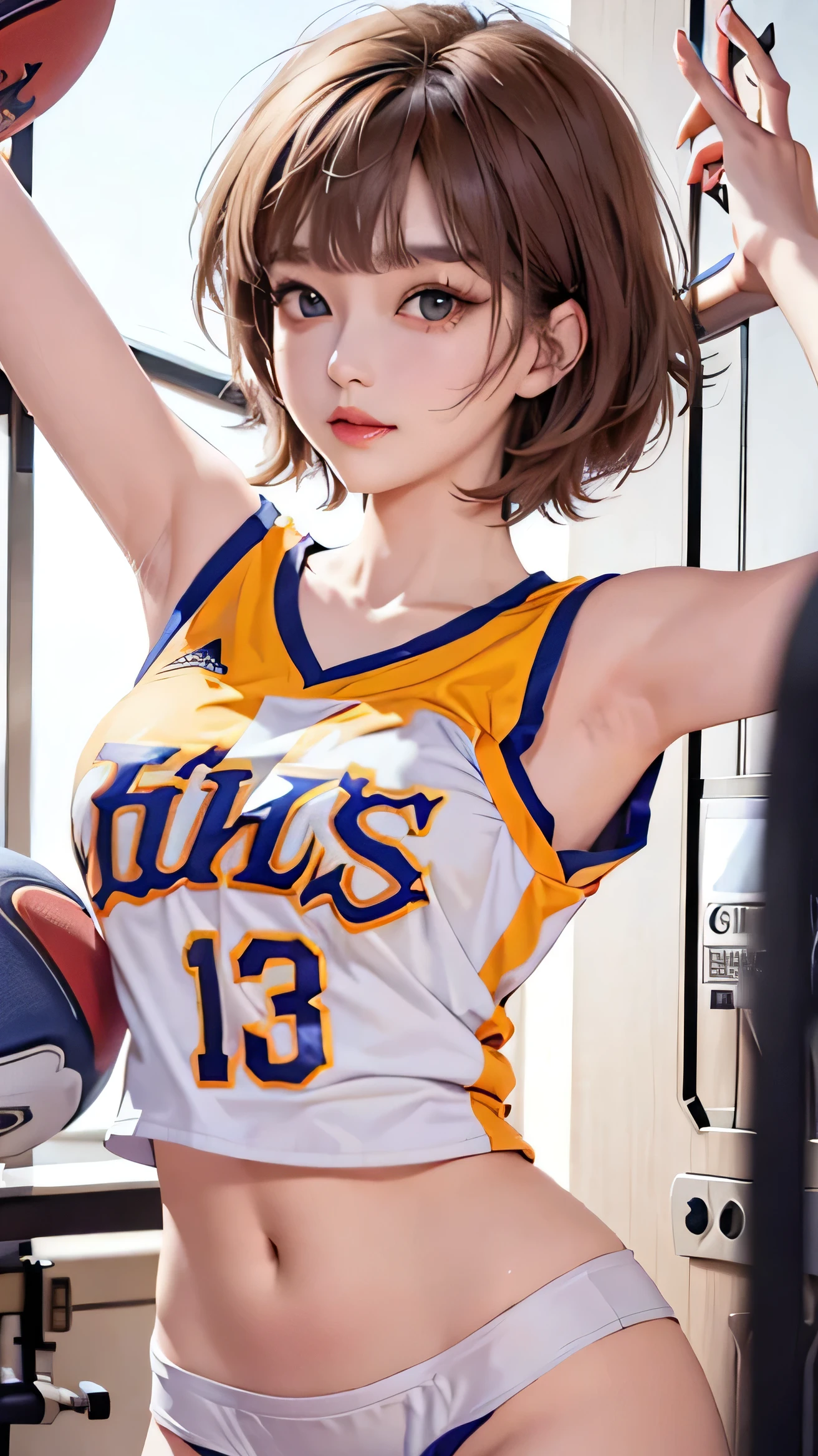 high detal,8K resolution,Ultra-high resolution,A young and beautiful girl,cute girly,shoulder-length short hair,Colorful clear eyes,Smooth hair,clavicle,Exquisite and perfect facial features,the most beautiful big eyes,long eyelasher,The eyes are sweet and there are lying silkworms,ssmile,dynamic angle,extreme picture quality,Highest accuracy,Precise and perfect human anatomy,(Basketball jerseys),arms up, armpits, Sport Tank Top,Open navel,Pronounced abdominal lines,basketball ball,Sports hot shorts,Stand up,Seven-doppelganger shot,gym