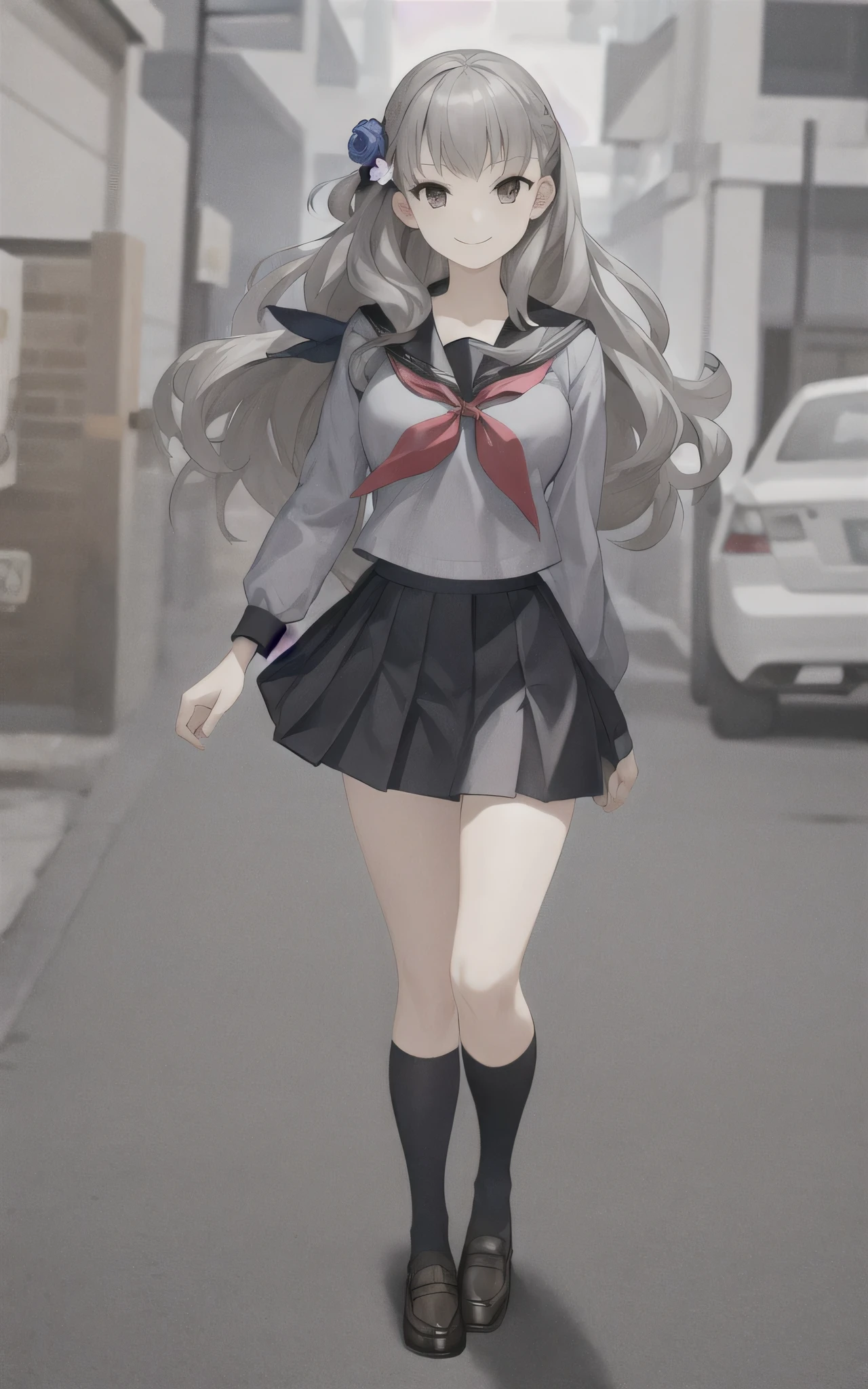 masterpiece, best quality,fuyusaka iori 1, 1girl, solo, hair flower, , hair ornament, flower, skirt, long hair, socks, serafuku, shoes, kneehighs, full body, loafers, pleated skirt, black socks, black skirt, grey hair, white flower, standing, grey eyes, outline, long sleeves, looking at viewer, highly detailed city background, middle breast, smile, shameful face, turn red face, slander, straight on, straight pose