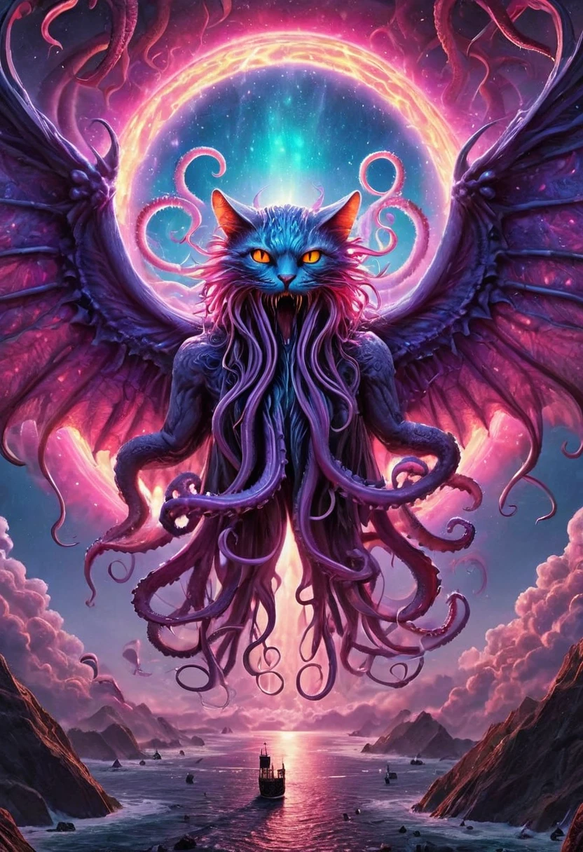 High Resolution, High Quality, Masterpiece. Cathulhu, a fusion of Cthulhu and a cat, descends joyfully upon the planet, wings and tentacles unfurling, surrounded by a halo effect of neon fractal light, blacklight art style, surrealism meets hyperrealism, backdrop of deep, saturated cosmic void, watercolor texture, trending on ArtStation aesthetics, sharp focus, Greg Rutkowski's signature detailed style, octane rendering, intricate detailing enhancing hyperrealistic forms, dramatic lighting. 4K. 