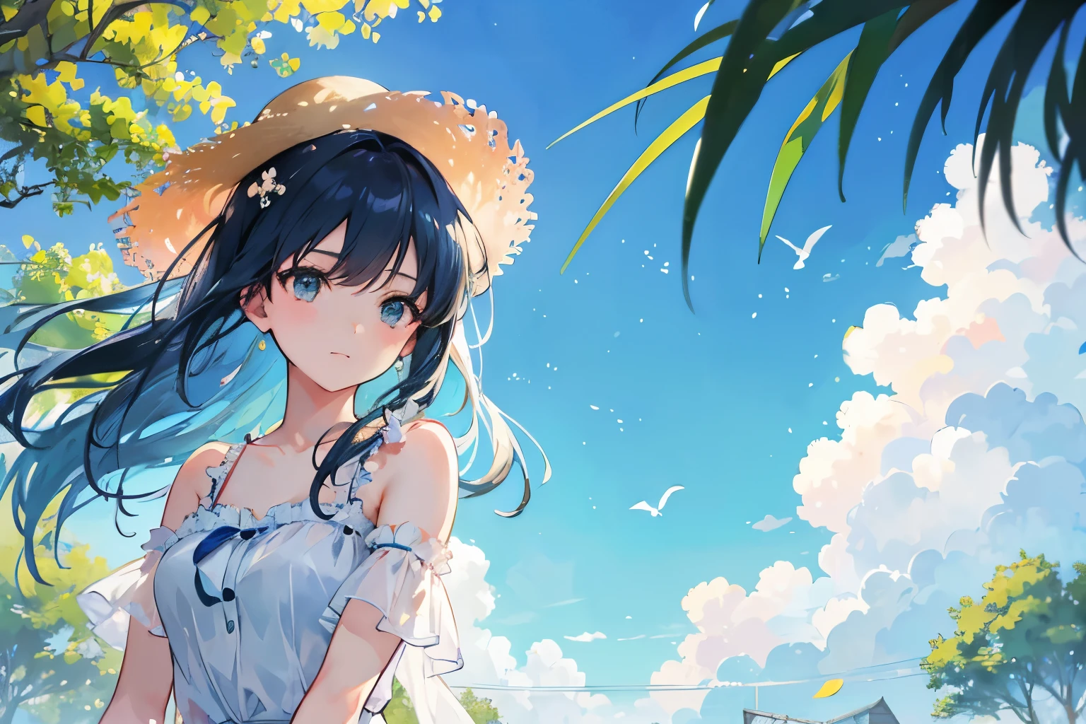 Create exquisite illustrations reminiscent of Makoto Shinkai's style, It has ultra-fine details and top-notch quality. Generate a high-quality illustration depicting a scene of summer where a beautiful girl's hair is blowing in the wind. Ensure that the overall composition exudes a sense of nostalgia and fantasy, with intricate details capturing the essence of a nostalgic summer day. Pay attention to elements such as the gentle breeze ruffling the girl's hair, the warm sunlight casting dappled shadows, and the serene expression on the girl's face as she enjoys the tranquility of the moment. Aim for a finely crafted artwork that transports viewers to a nostalgic and whimsical summer scene. best quality, masterpiece