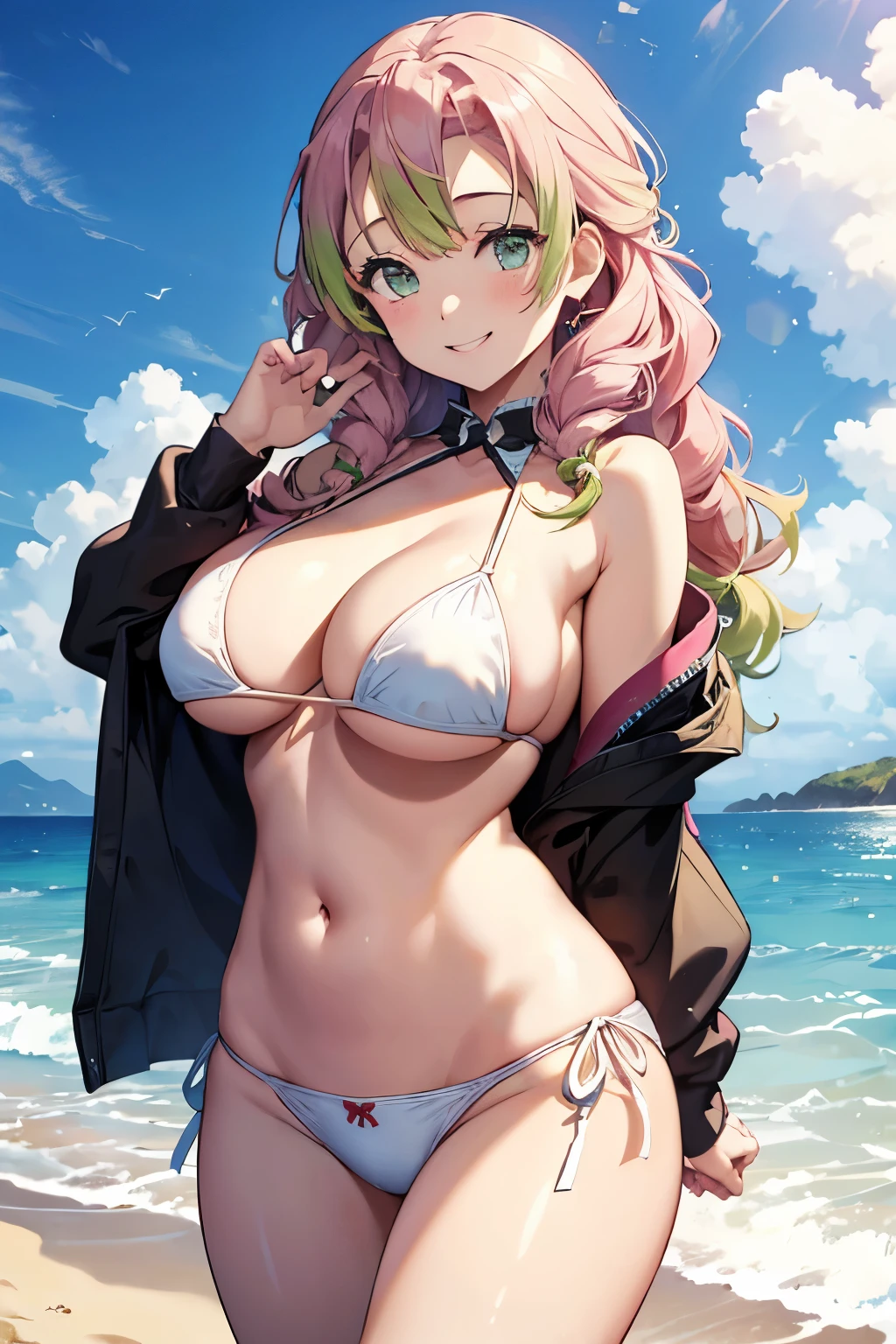 (8K、masterpiece、Highly detailed background、high resolution)、(mitsuri kanroji)、Cleavage、(beach、White Bikini、Gravure pose、Embarrassed smile、Nipple protrusion)