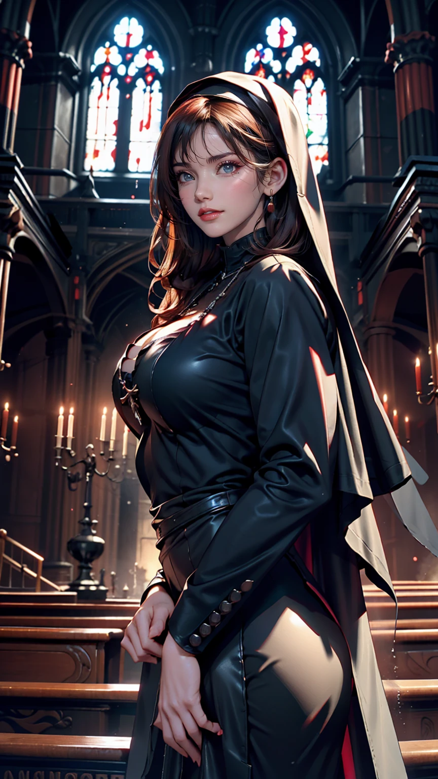 born, analog) (Huge breasts of a Gothic nun), Set in the 1990s, Surreal makeup, Leather clothing inside a gothic church at night, Neon Light, Very dark, Horror, Red tint, chaos, an  ominous, Attention to detail, Ultra-realistic, Sony A7III, movie照明, movie, grain, The Face of UHD, Volumetric Shadows, Very detailed,  