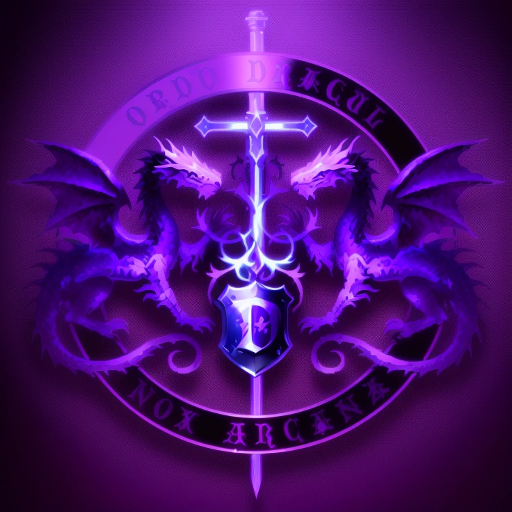 a purple dragon emblem with two swords and a shield, draco, draconianos, dracos, draconic design, Drakengard, draconiano, draconic, Diabo, Inspirado em Drakenguard, Dragon's Dogma, arte da capa do dnd, com fantasia sombria, logotipo da banda de black metal, purple dragon, dnd, dnd) fundo preto