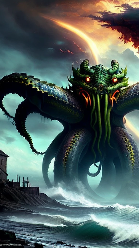 H.P. Lovecraft's Cthulhu, ancient monster,monstrous creature,dark fantasy,eldritch horror,tentacles,glowing eyes,sharp fangs,rippling muscles,massive size,towering presence,looming over the ocean,dark clouds,crashing waves,underwater city ruins,otherworldly architecture,Cyclopean buildings,Lovecraftian atmosphere,sinister and foreboding,muted color palette,dramatic lighting,cinematic composition,(best quality,8k,highres,masterpiece:1.2),ultra-detailed,(realistic,photorealistic,photo-realistic:1.37),cinematic,dark,moody