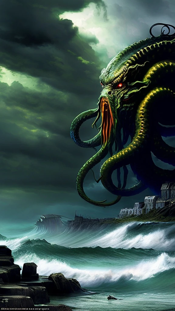 H.P. Lovecraft's Cthulhu, ancient monster,monstrous creature,dark fantasy,eldritch horror,tentacles,glowing eyes,sharp fangs,rippling muscles,massive size,towering presence,looming over the ocean,dark clouds,crashing waves,underwater city ruins,otherworldly architecture,Cyclopean buildings,Lovecraftian atmosphere,sinister and foreboding,muted color palette,dramatic lighting,cinematic composition,(best quality,8k,highres,masterpiece:1.2),ultra-detailed,(realistic,photorealistic,photo-realistic:1.37),cinematic,dark,moody