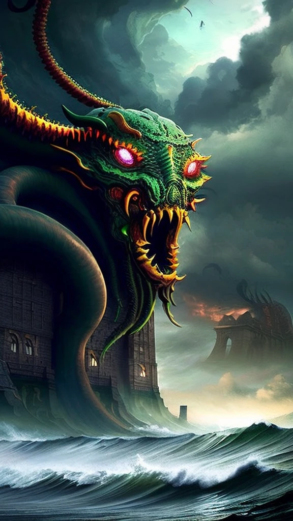 H.P. Lovecraft's Cthulhu, ancient monster,monstrous creature,dark fantasy,eldritch horror,tentacles,glowing eyes,sharp fangs,rippling muscles,massive size,towering presence,looming over the ocean,dark clouds,crashing waves,underwater city ruins,otherworldly architecture,Cyclopean buildings,Lovecraftian atmosphere,sinister and foreboding,muted color palette,dramatic lighting,cinematic composition,(best quality,8k,highres,masterpiece:1.2),ultra-detailed,(realistic,photorealistic,photo-realistic:1.37),cinematic,dark,moody