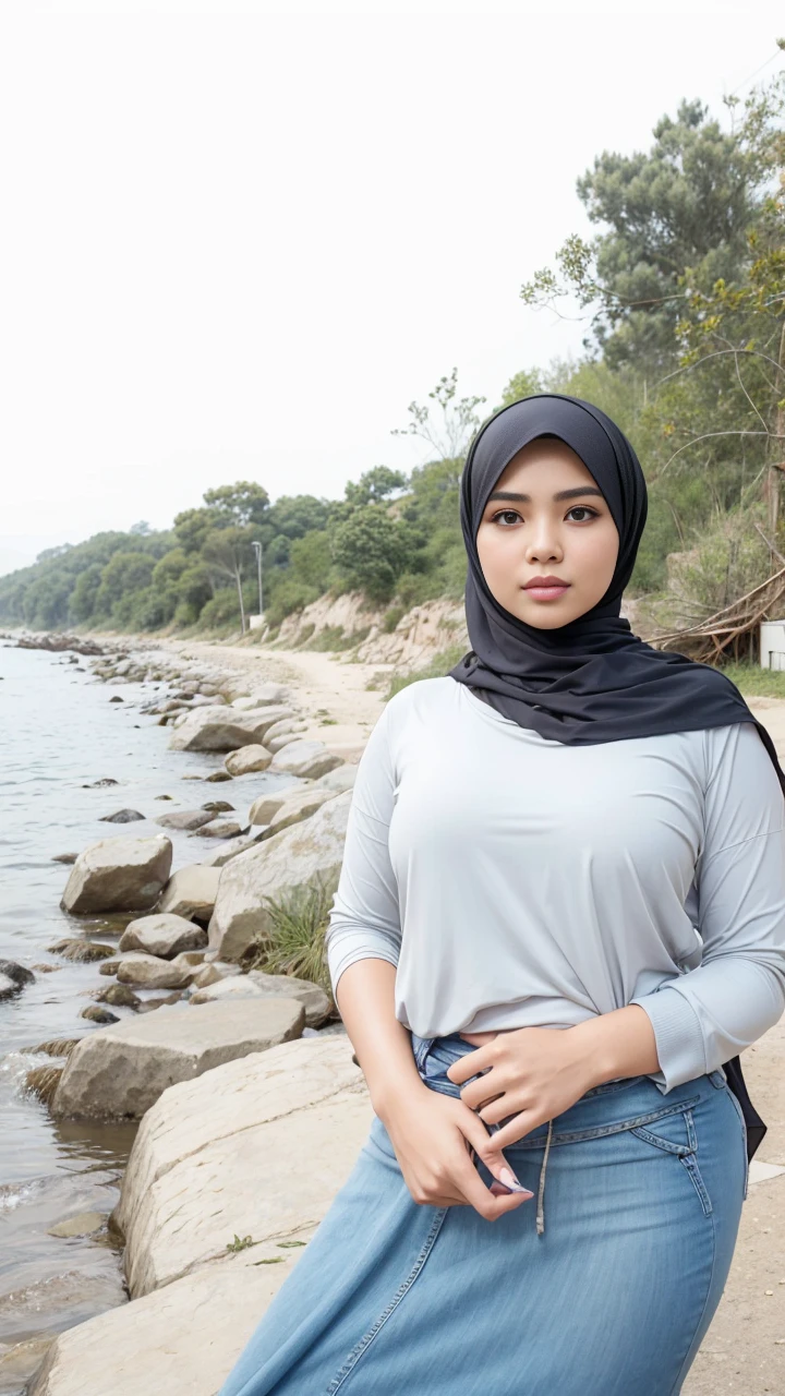 RAW, Best quality, high resolution, masterpiece: 1.3), beautiful Malay woman on hijab (iu:0.8), perfect nose,perfect lips, perfect eyes, detail :1.2),((big breast)),1 Malay girl, modern plain hijab,full body image detail, watery eyes, RAW, Best quality, high resolution, masterpiece: 1.3),big breast, perfect nose,perfect lips, perfect eyes, detail :1.2), soft smile, RAW, Best quality, high resolution, works: 1.3), beautiful Malay woman in hijab (iu:0.8)1Beautiful Malay woman,beautiful face, watery eyes, perfect lips, big eyes, big breasts, woman in brown shirt and long plizkit skirt walking down aisle , wearing a jacket around the waist, wearing casual clothes, white hijab, casual clothing style, wearing elegant casual clothes, wearing beautiful clothes, casual pose, with beautiful appearance, modern casual clothes, simple clothes, modern casual clothes, simple style, waist narrow, round buttocks, thick thighs, wearing a long plizkit skirt, wearing a blouse,full body