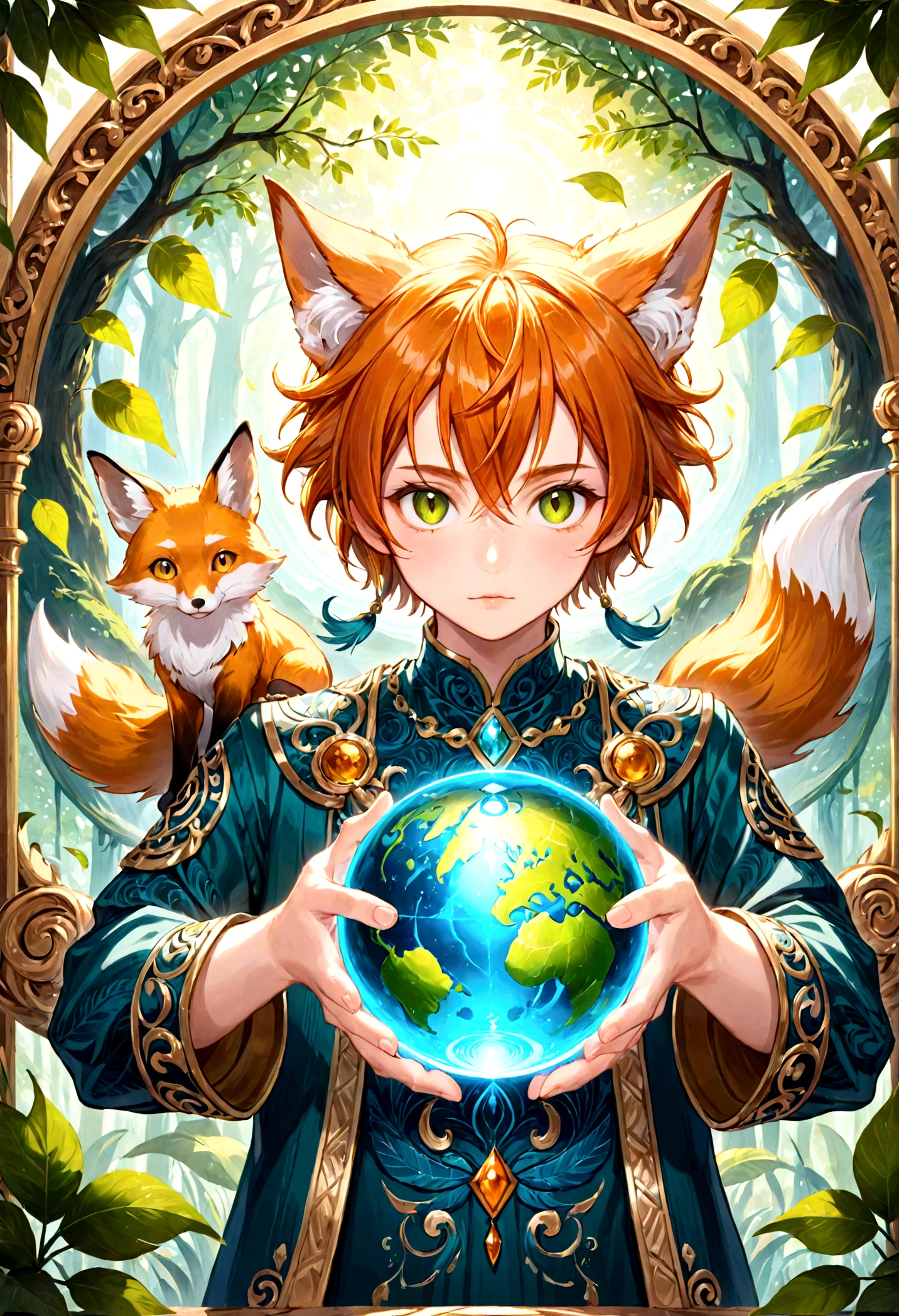 The photo depicts a figure with bright orange hair and large, expressive amber eyes. The character has two fox-like ears on his head, colored white and blue. They wear a green outfit with golden borders and intricate green patterns, giving the impression of clothing from a historical or mythological period. In their hands, they are holding a blue and ornate gold spherical object, which can be interpreted as a magical item due to its design and the way the character focuses on it. Green leaves or feathers gently fall around them, adding to the dreamy atmosphere of the photo. This picture is interesting because it combines precious elements of the mythical world with detailed character designs, plotting a story or setting that invites the viewer into an imaginary world.