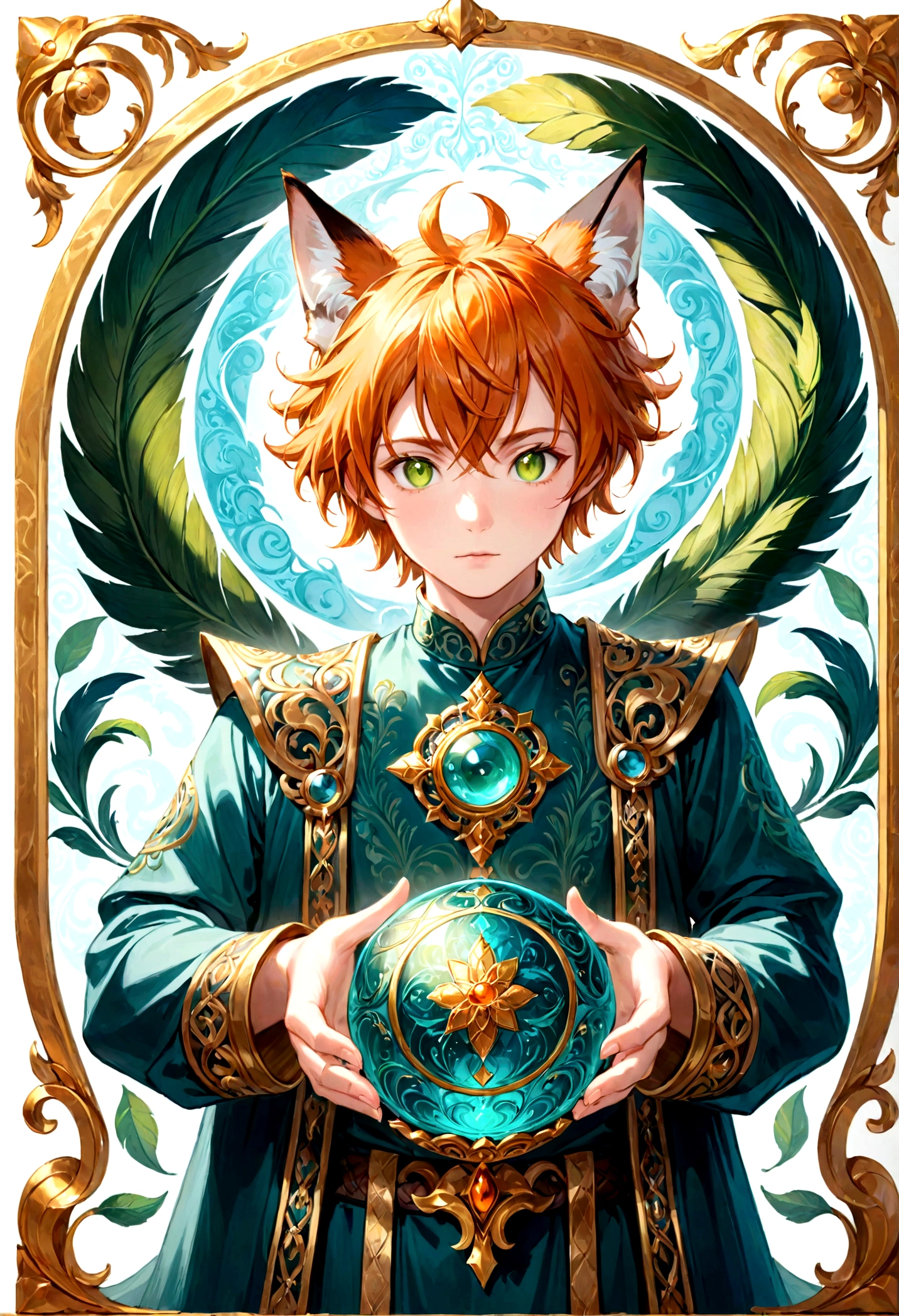 The photo depicts a figure with bright orange hair and large, expressive amber eyes. The character has two fox-like ears on his head, colored white and blue. They wear a green outfit with golden borders and intricate green patterns, giving the impression of clothing from a historical or mythological period. In their hands, they are holding a blue and ornate gold spherical object, which can be interpreted as a magical item due to its design and the way the character focuses on it. Green leaves or feathers gently fall around them, adding to the dreamy atmosphere of the photo. This picture is interesting because it combines precious elements of the mythical world with detailed character designs, plotting a story or setting that invites the viewer into an imaginary world.