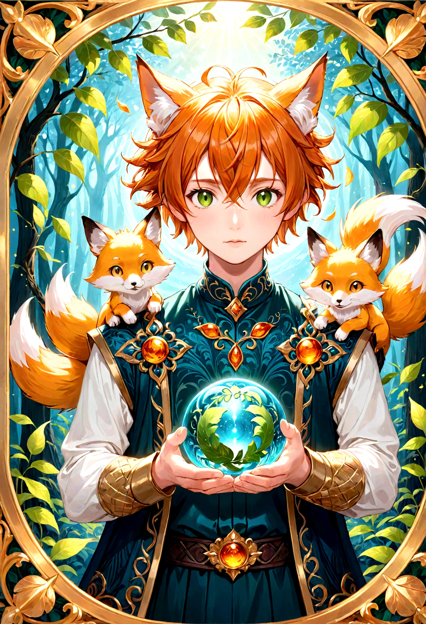 The photo depicts a figure with bright orange hair and large, expressive amber eyes. The character has two fox-like ears on his head, colored white and blue. They wear a green outfit with golden borders and intricate green patterns, giving the impression of clothing from a historical or mythological period. In their hands, they are holding a blue and ornate gold spherical object, which can be interpreted as a magical item due to its design and the way the character focuses on it. Green leaves or feathers gently fall around them, adding to the dreamy atmosphere of the photo. This picture is interesting because it combines precious elements of the mythical world with detailed character designs, plotting a story or setting that invites the viewer into an imaginary world.