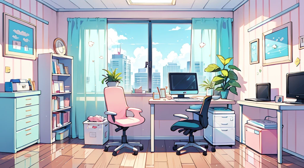 Computer room、Pale pink and turquoise、Carefully crafted down to the last detail、Please draw it awkwardly.、high quality、Best image quality