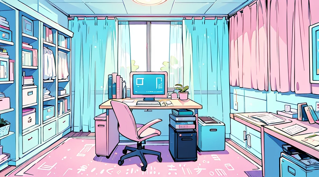 Computer room、Pale pink and turquoise、Carefully crafted down to the last detail、Please draw it awkwardly.、high quality、Best image quality