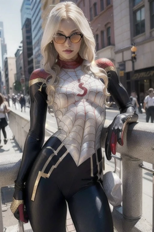 Beautiful blonde woman detailed defined body using gold spider man cosplay, tiny breasts, gold sunglasses