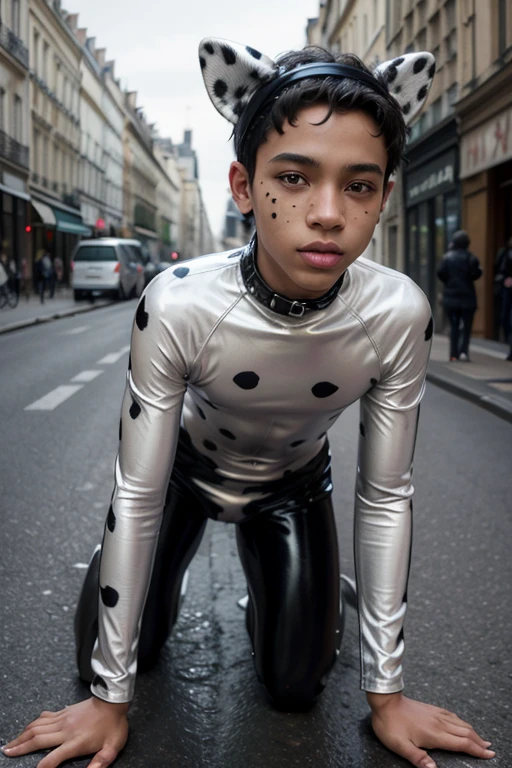 A -yeld bl boy, brown eyes. Teenage uncensored, Wearing a super tight Dalmatian latex bodysuit. Rubber tail. Rubber ears. Walking on all fours pulling through the streets of Paris.