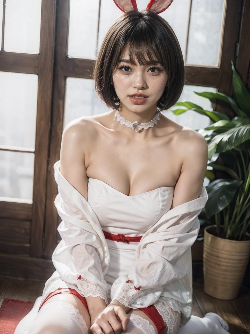 (highest quality,4K,8k,High resolution,masterpiece:1.2),Super detailed,(Realistic,photoRealistic,photo-Realistic:1.37), ((smile, Showing beautiful white teeth:1.5)),((blunt bangs)), ((black bob blunt cut hair:1.4)), BREAK (White and red theme:1.4), (White headband and fake white bunny ears:1.4), (White strapless leotard with red sash:1.4), ((White long sleeve kimono with red lace-ups, Exposing shoulders):1.4), ((A white choker with a red shrine amulet, omamori):1.3), Bare thighs, ((White over-the-knee socks, White long tights):1.3), (Japanese wooden geta:1.2), ((Skin glows、It&#39;s shiny:1.3))