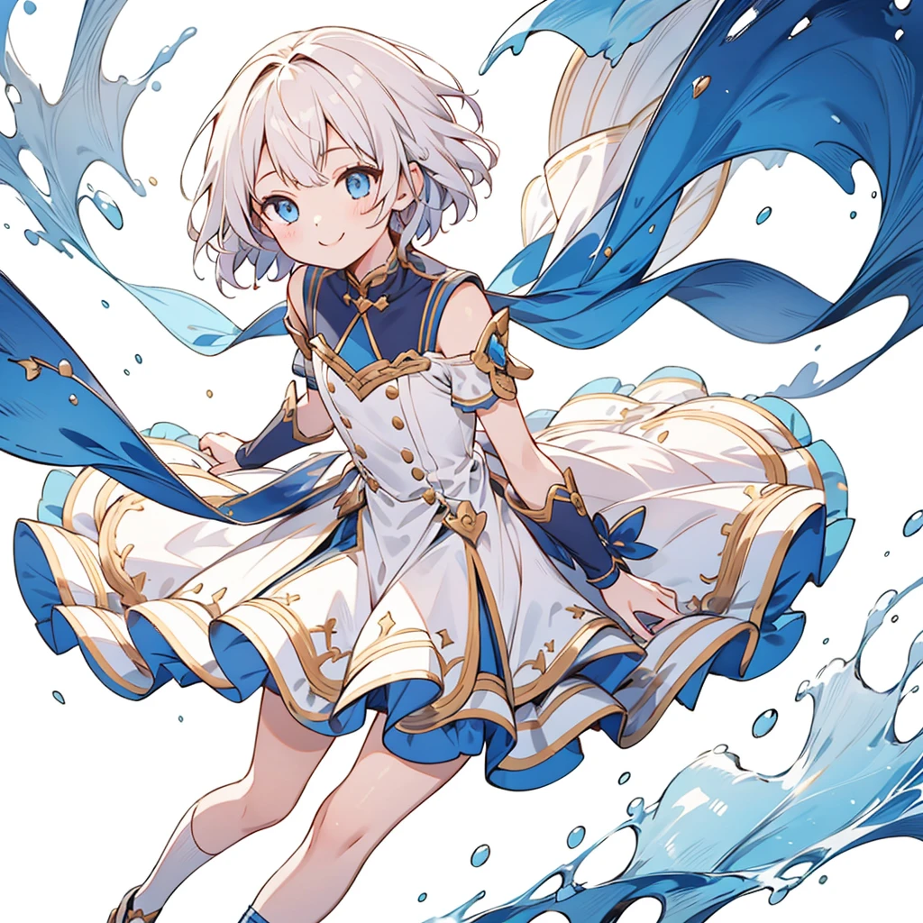 1girl、(masterpiece, highest quality),(Detailed Hair), Super detailed, Anime Style, whole body, Little、cute、whole bodyきぐるみ、Milky white short hair、blue eyes、 , Digital Painting, 8K High Resolution, whole body, White Background, Dynamic pose,Dynamic composition、すごいcutesmileで視聴者にむかってわらっている、smile、pastel colour、He looks like he wants to be held.、