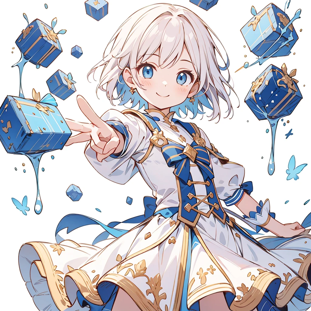 1girl、(masterpiece, highest quality),(Detailed Hair), Super detailed, Anime Style, whole body, Little、cute、whole bodyきぐるみ、Milky white short hair、blue eyes、 , Digital Painting, 8K High Resolution, whole body, White Background, Dynamic pose,Dynamic composition、すごいcutesmileで視聴者にむかってわらっている、smile、pastel colour、He looks like he wants to be held.、