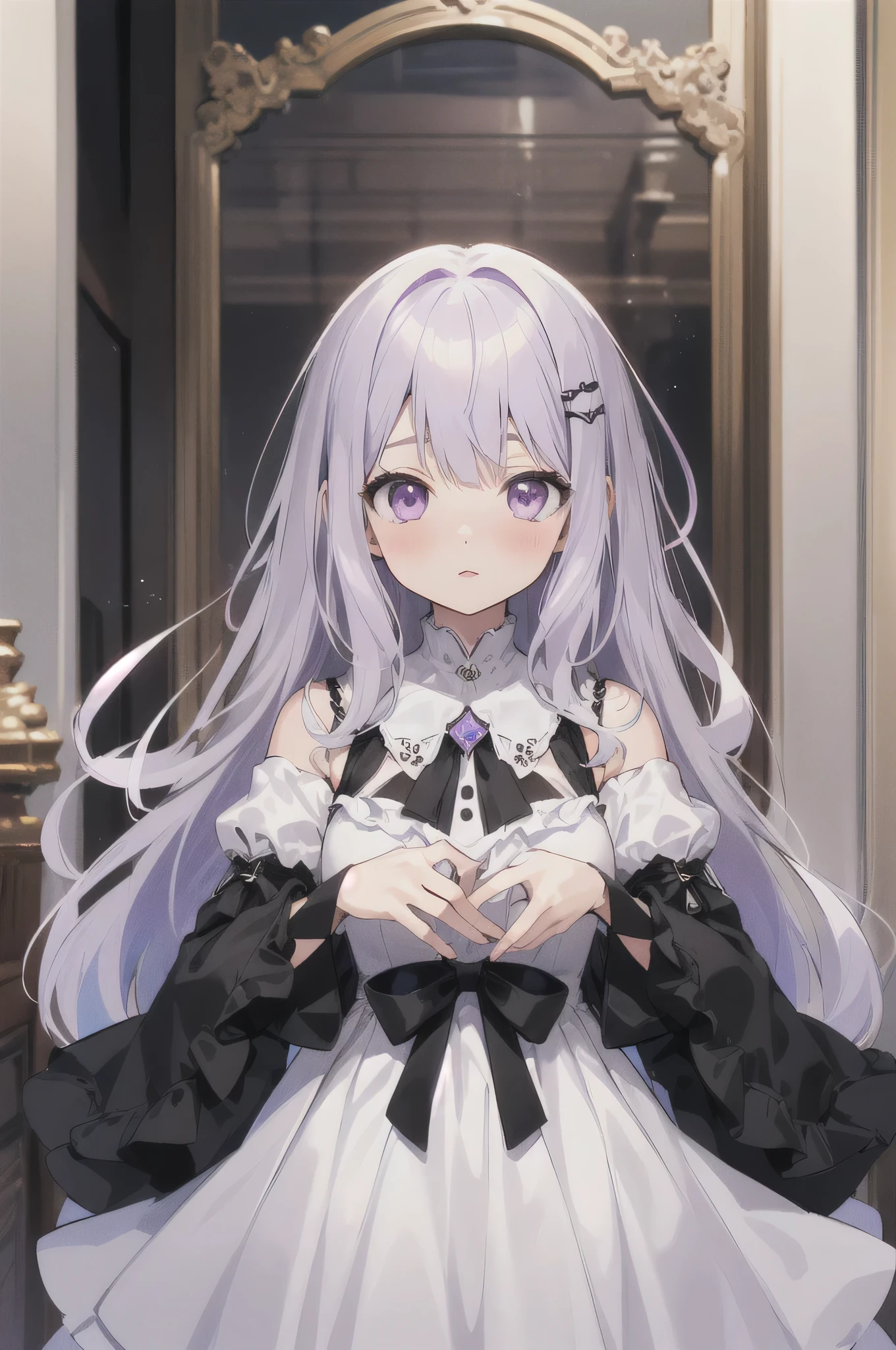 (highest quality:1.4), High resolution, masterpiece, One girl, (Light purple hair:1.1), Purple eyes, Medium chest, hair ornaments, (black|White Made Dresses:1.2), Removable sleeves, black pantyhose, blush, Home, Detailed face