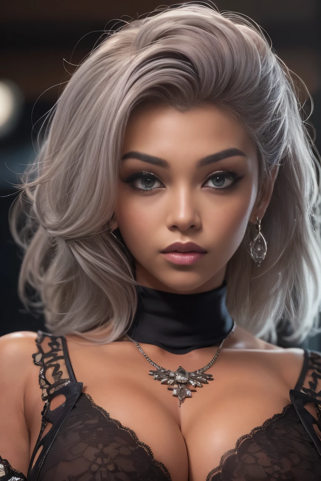 close up photo of ((drop-dead gorgeous 1woman)), with a perfect face, beautiful eyes, dark skin, flawless, (((huge breasts:1.5))), (hourglass body shape), narrow waist, ((wide hips)), sweater, off shoulder, necklace, long black hair, bad girl, detailed face, full body, arrogant, provocative pose, upper body, face focus, close up, masterpiece, 8k, UHD, best quality, super detail, ((More Detail, enhance_all, fix_everything)),