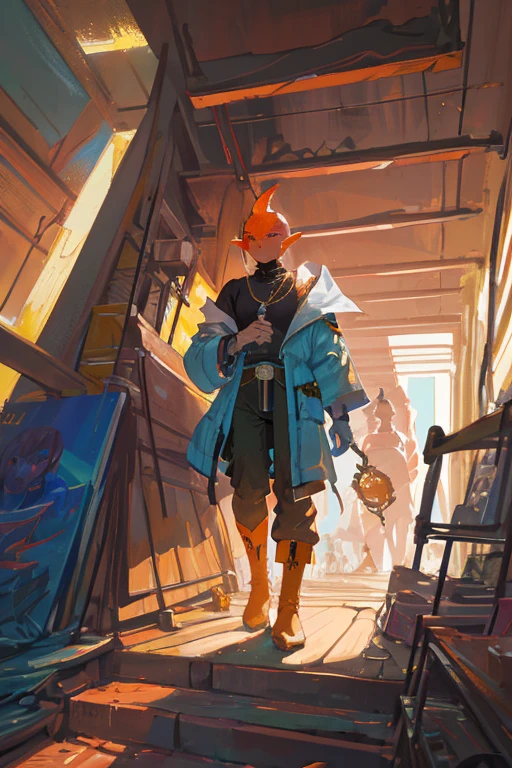 niji mode, ancient fantasy setting mixed with steampunk, a young dwarf elf with orange skin, pierced pointed ears, a mechanical arm, a platinum crew cut displays a piercing gaze and a confident demeanor.  Adorned in a two-piece fusion outfit, perfectly blending Western and Eastern influences, he wears a comfortable dark t-shirt paired with a vibrantly colored jacket.  The bottom half features loose-fitting white utilitarian pants, and its long, chunky boots echo through the hallways of a retro-futuristic architectural landscape.  The overall aesthetic captures the essence of a refined and mature anime-inspired rogue, face with red tribal face paint, extremely detailed glowing gradient eyes, ultra-fine painting, exquisite and mature, Anatomically correct, creativity, Natural light, Cinematic magic lighting, best shadow , Work of art, art book, Studio ghibli, metal hurlant, moebios.