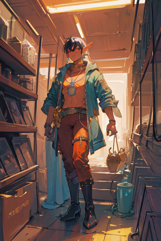 niji mode, ancient fantasy setting mixed with steampunk, a young dwarf elf with orange skin, pierced pointed ears, a mechanical arm, a platinum crew cut displays a piercing gaze and a confident demeanor. Adorned in a two-piece fusion outfit, perfectly blending Western and Eastern influences, he wears a comfortable dark t-shirt paired with a vibrantly colored jacket. The bottom half features loose-fitting white utilitarian pants, and its long, chunky boots echo through the hallways of a retro-futuristic architectural landscape. The overall aesthetic captures the essence of a refined and mature anime-inspired rogue, face with red tribal face paint, extremely detailed glowing gradient eyes, ultra-fine painting, exquisite and mature, Anatomically correct, creativity, Natural light, Cinematic magic lighting, best shadow , Work of art, art book, Studio ghibli, metal hurlant, moebios.