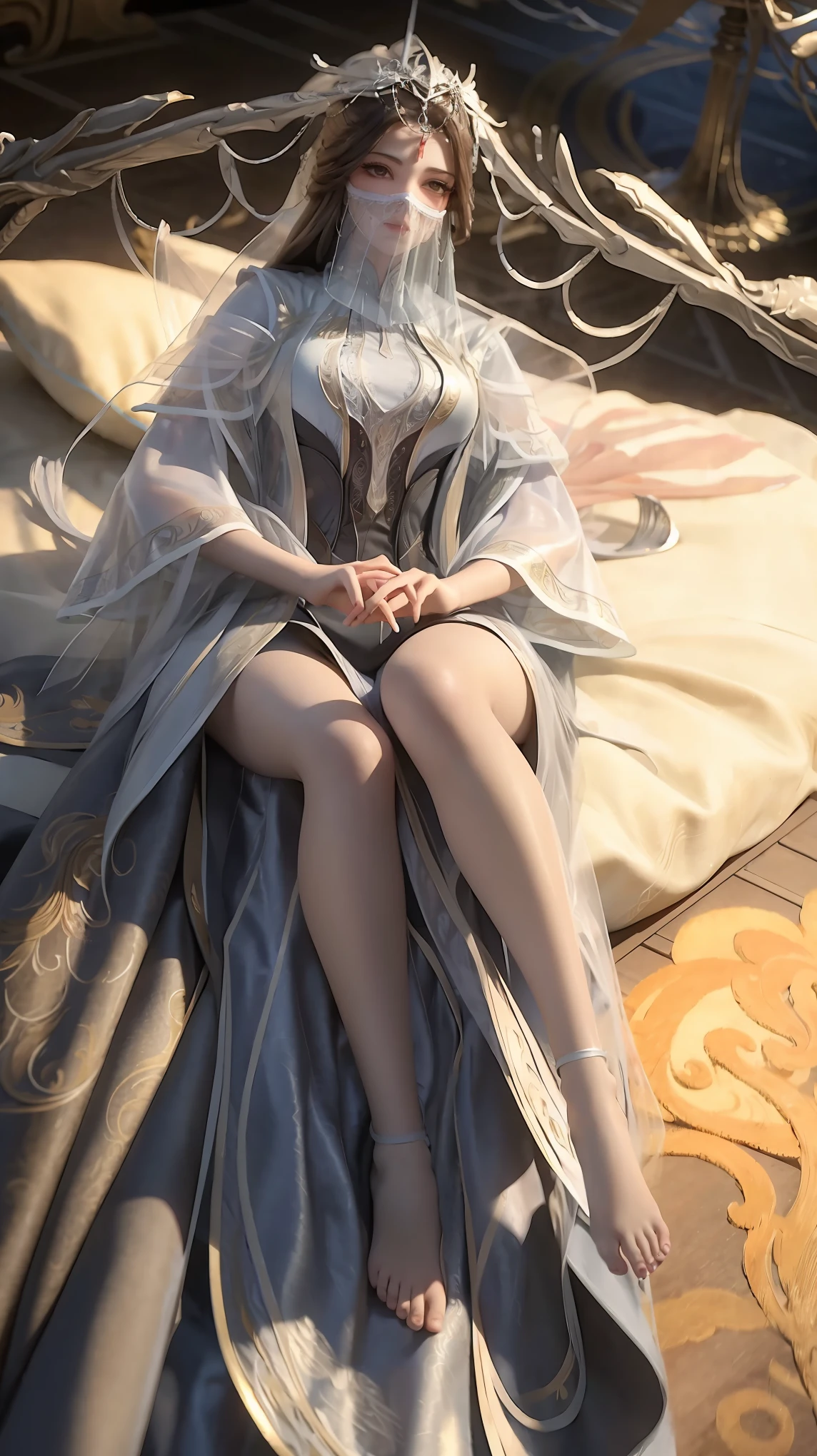 1girl, beautiful detailed eyes, beautiful detailed lips, extremely detailed eyes and face, long eyelashes, white long dress, multilayered dress, laying on a large bed, full body shot, full body capture, barefoot, legs slightly raised, hands placed on the bed above，（（The face is covered with a veil））